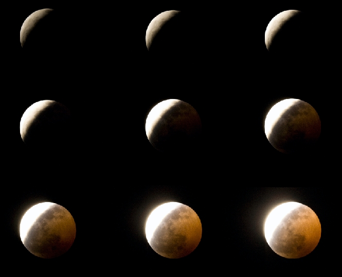 Secuencia eclipse.jpg -       SECUENCIA DEL ECLIPSE PARCIAL DE LUNA-AGOSTO 2008      * Fecha:   16-08-2008     * Lugar:   Abad�a (C�ceres)     * Telescopio:   Celestron C6-N 150/750     * Montura:   CG5-GT     * C�mara:   Canon EOS 400D sin modificar     * M�todo:   Foco primario (sin guiado) Exp. variable ISO 400     * Procesado:   sin procesar     * Visibilidad:   Nubes y Claros   